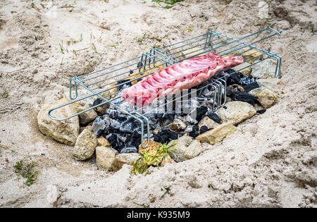 Décisions sur des côtes de porc barbecue improvisé fait maison barbecue. décisions churrasco sur un feu de charbon, briquettes, barbecue dans le sable avec des roches et des pierres c Banque D'Images