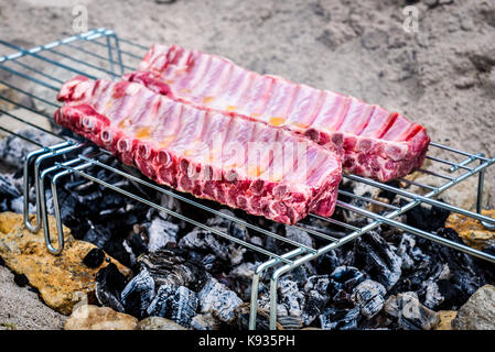 Décisions sur des côtes de porc barbecue improvisé fait maison barbecue. décisions churrasco sur un feu de charbon, briquettes, barbecue dans le sable avec des roches et des pierres c Banque D'Images