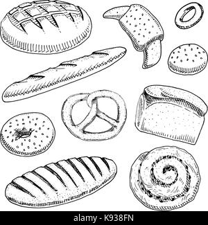 Le pain et les pâtisseries, beignes, baguette et pain long et cupcake sweet bun ou bretzel. gravés à la main dans de vieux croquis et vintage style pour poster, étiquette et menu boulangerie. Les aliments biologiques de farine. Illustration de Vecteur