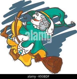 Heureux vieille sorcière sur balai volant dans la nuit. vector illustration cartoon halloween. Illustration de Vecteur