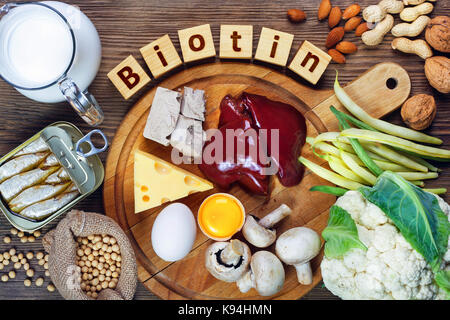 Les aliments riches en biotine (vitamine B7). aliments comme le foie, le jaune d'oeufs, la levure, le fromage, les sardines, le soja, le lait, le chou-fleur, les haricots verts, champignons, arachides, w Banque D'Images