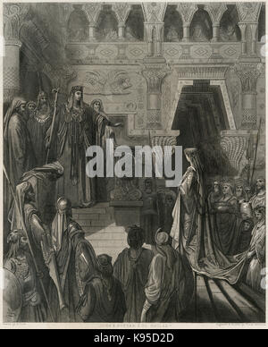 Gravure antique c1880, la Reine de Sheba en visite à Salomon, dessinée par Gustave Dore. SOURCE : GRAVURE ORIGINALE. Banque D'Images