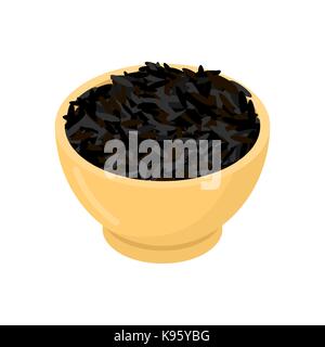 Riz noir à bol en bois isolée. groats en bois plat. grain sur fond blanc. vector illustration Illustration de Vecteur