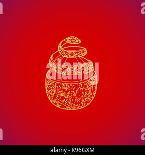 Or vecteur effacée pomelo fruit écorce spirale illustration design contour jaune sur fond rouge Illustration de Vecteur