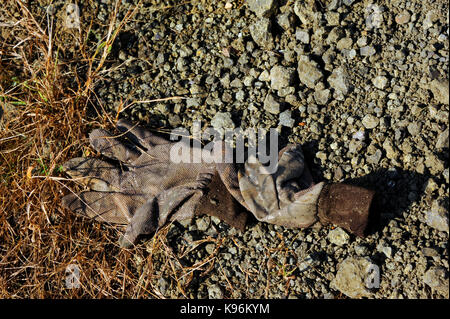 Ancienne paire de gants jetés s'asseoir dans le champ Ouvrir de la cratère de diamants state park à Murfreesboro, Tennessee. Banque D'Images