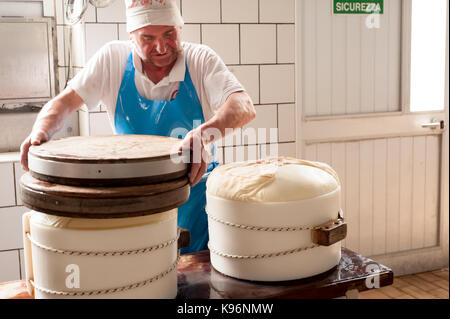 Les travailleurs de contenir le fromage emballé dans un moule "fascera" au cours de la fabrication du fromage parmigiano-reggiano au processus Banque D'Images