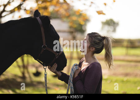 Vue latérale d'happy young woman stroking horse au barn Banque D'Images