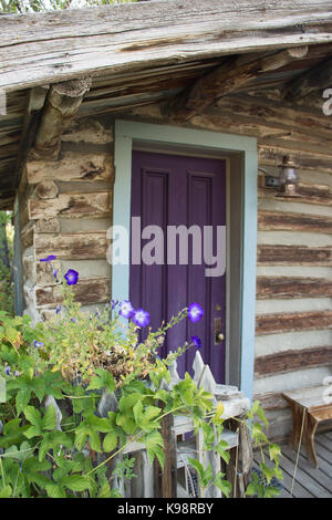 Chalet rustique avec rondins taillés à la main et une porte. violet Mauve et blanc pétunias sont dans le semoir au premier plan. Banque D'Images