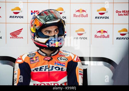 Aragon, Espagne. 22 septembre, 2017. Dani Pedrosa ; de l'équipe Repsol Honda motogp reste dans le garage pendant l'aragon vendredi la pratique libre de motogp. crédit : Pablo guillen/Alamy live news Banque D'Images