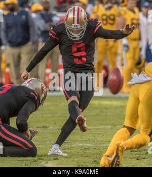 Santa Clara, Californie, États-Unis. Sep 21, 2017. San Francisco 49ers kicker Robbie Gould (9) le jeudi 21 septembre, 2017, à Lévis Stadium à Santa Clara, en Californie. Les Béliers défait les 49ers 41-39. Al Golub/CSM/Alamy Live News Banque D'Images