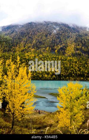 Kanas. 22 sep, 2017. photo prise sur sept. 22, 2017 présente le décor de l'automne de la rivière de Wolong dans la zone panoramique de kanas, nord-ouest de la Chine, la région autonome du Xinjiang Uygur. crédit : Zhao ge/Xinhua/Alamy live news Banque D'Images