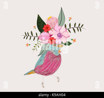 Illustration d'un petit oiseau et fleurs. Banque D'Images