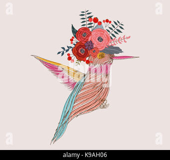 Illustration d'un petit oiseau et fleurs Banque D'Images