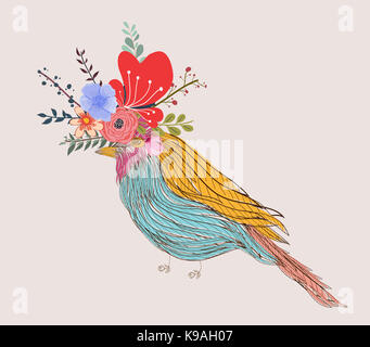 Illustration d'un petit oiseau et fleurs Banque D'Images