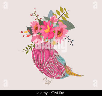 Illustration d'un petit oiseau et fleurs Banque D'Images