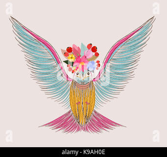 Illustration d'un petit oiseau et fleurs Banque D'Images