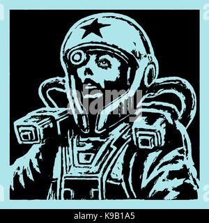 Visage de femme astronaute en casque. caractère de science-fiction en noir et blanc couleurs. vector illustration. Illustration de Vecteur