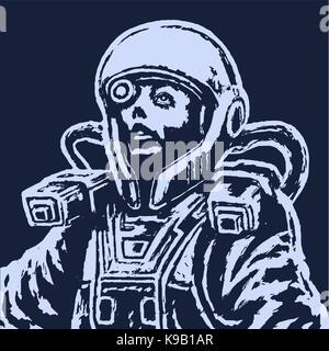 Spaceman femme croquis. cool science-fiction spaceman couvrir sur fond bleu. vector illustration. grave personnage féminin en combinaison spatiale. d à main levée Illustration de Vecteur