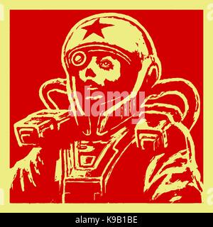 L'astronaute de l'héroïne croquis sur fond rouge. cool science-fiction spaceman. caractère sérieux en combinaison spatiale. journée de l'astronautique. vecteur illustra Illustration de Vecteur