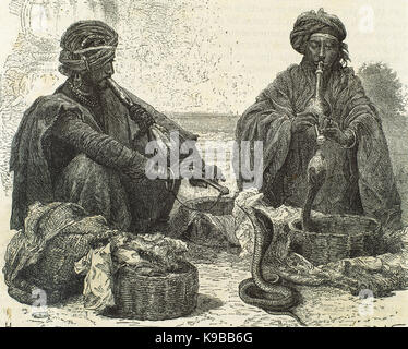 L'Inde. Charmant serpent en jouant un pungi. La gravure. 19e siècle. Banque D'Images