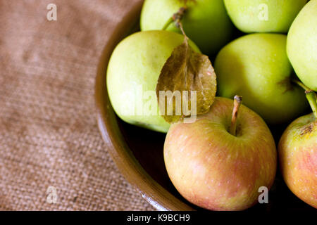 Jardin vert et rouge des pommes sur l'argile plat brun Banque D'Images