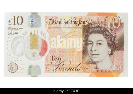 La nouvelle devise du Royaume-Uni - le polymère de dix livres (£10) note avec des fonctionnalités d'autres mesures contre l'counterfitters. Banque D'Images