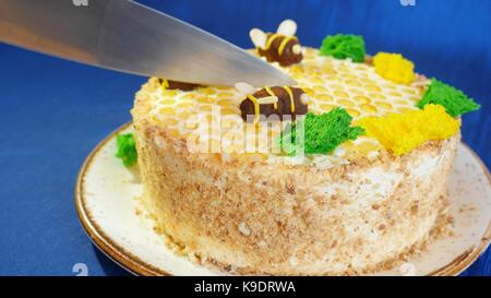 Woman's hands couper le gâteau à la crème de miel sur fond bleu. Gâteau au miel. gâteau avec les abeilles. coupe le cake Banque D'Images