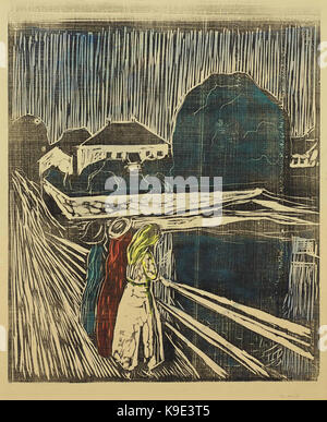 Munch les filles sur le quai Woodcut Banque D'Images