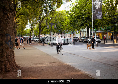 Vieil homme circuler à bicyclette par konigsallee dusseldorf. femme entre son chien et il y a des gens qui marchent dans la scène. l'image montre le mode de vie et de cu Banque D'Images