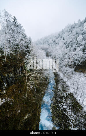 Shirogane Hot spring village de Biei Ville, se dresse cette cascade de 30 mètres de hauteur. L'eau qui s'écoule dans les écarts entre les rochers ressemble à une barbe blanche. Banque D'Images