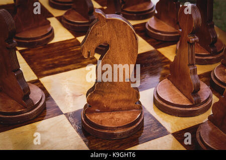 Conseil d'échecs avec de grandes pièces de bois d'échecs. cheval noir en avant-plan Banque D'Images