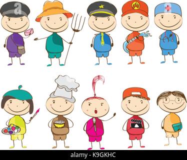 Ensemble de dix enfants avec différentes professions. postman, agriculteur, police, pompier, médecin, artiste, chef, Singer, directeur, enseignant Illustration de Vecteur