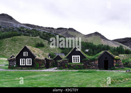 Maisons traditionnelle islandaise avec de l'herbe Banque D'Images