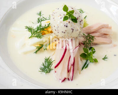 Okroshka avec du poulet et une boule de glace à la moutarde sur le kéfir Banque D'Images