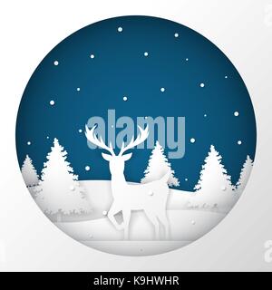 Debout cerfs dans un champ de neige dans la nuit de Noël. Joyeux Noël arrière-plan. Illustration de Vecteur