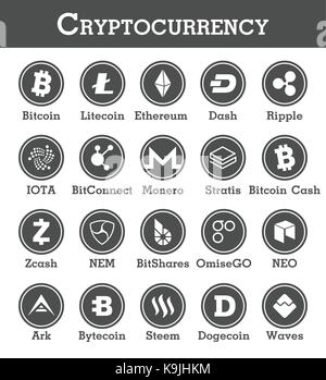 Ensemble de l'icône cryptocurrency . noir et blanc . Vector . Illustration de Vecteur