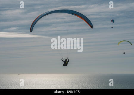 Eastbourne, East Sussex, UK..23 septembre 2017..les pilotes De Parapente se rassemblent à Beachy Head sur les South Downs alors que le vent du Sud offre des conditions de vol parfaites. Banque D'Images