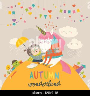 Cute girl hugging unicorn. autumn wonderland Illustration de Vecteur
