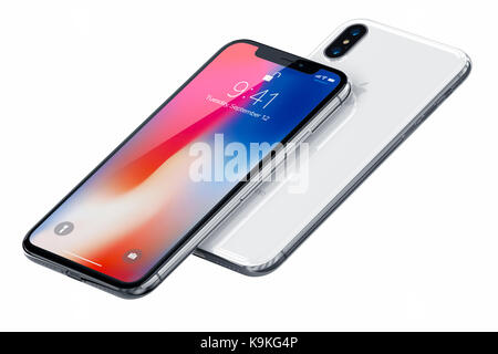 Galati, Roumanie - 20 septembre 2017 : 3D Render of a deux nouveaux iPhone X (dix) Image éditoriale d'illustration, sur fond blanc. Gris argent et de l'espace i Banque D'Images