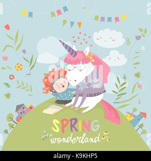 Cute girl hugging unicorn. printemps wonderland Illustration de Vecteur