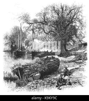 1870 : les pêcheurs près de la Comtesse Weir sur la rivière Exe, nommé d'après la Comtesse de Devon, qui avait fait construire en 1284 pour empêcher les navires voyageant en amont. Près d'Exeter, Devon, Angleterre Banque D'Images