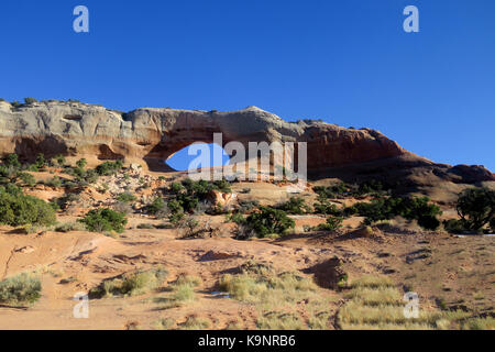 Une vue de l'arche de Wilson sur un jour clair de la route au Parc National Arches. Banque D'Images