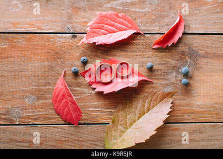 Accessoires, automne, matériel de mariage concept. Vue de dessus de deux anneaux de tailles différentes pour de jeunes mariés sur l'autumnal leaves rouge à proximité de petits fruits noirs sur la table en bois Banque D'Images