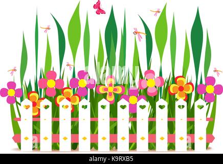 Clôture avec fleurs de printemps Illustration de Vecteur