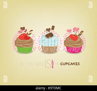 Rétro mignon carte cupcakes Illustration de Vecteur