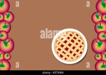 Tarte aux pommes sur la plaque blanche. Les bords du vecteur sont bordées de pommes rouges. Illustration de Vecteur