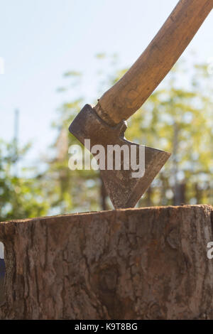 Prêts pour la coupe du bois. close-up de la coupe ax log alors que d'autres se connecte à l'arrière-plan de pose Banque D'Images