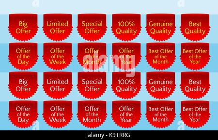 Ruban ruban offre, bannière, ruban rouge Ajouter aux favoris, vector label de qualité. Grande offre, offre limitée, offre spéciale, une vraie qualité, meilleure qualité. Illustration de Vecteur