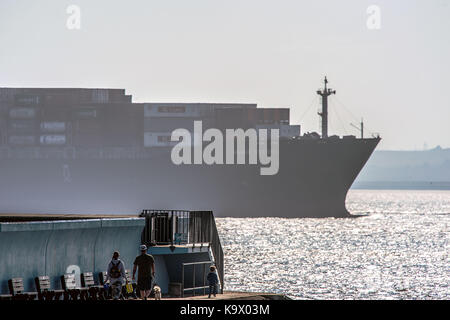 L'Essex, Royaume-Uni. 24 sep, 2017. dog walkers profitez de l'automne chaud météo, car un énorme navire de tisser la brume matinale sur la tamise à Thorney bay wickford essex 24sep17 Crédit : martin dalton/Alamy live news Banque D'Images