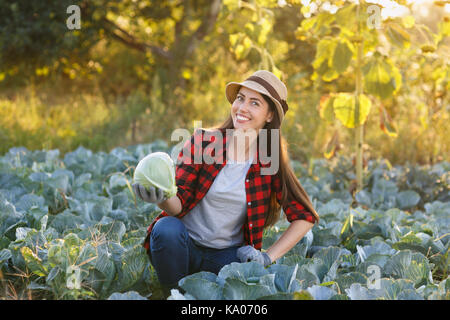 Happy young woman jardinier choux en jardin. jeune agriculteur la récolte du chou. jardinage, l'agriculture, concept la récolte d'automne Banque D'Images